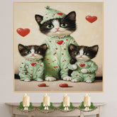 Mother Cat and Kittens in Pink Pajamas with Heart Hats and Floral Details Whimsical Black and White Tuxedo Cat Family on Ready to Hang 1.5" Thick Canvas Wrap, Floating Framed Canvas, Flat Rolled Canvas